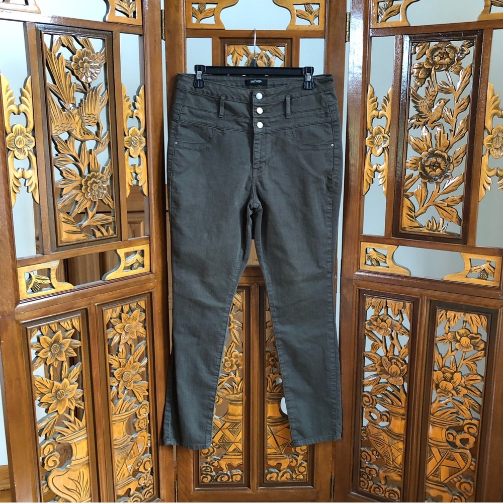 Refuge Olive High Waist Pants Women Sz 12 Stretch Cotton Blend Back Pockets